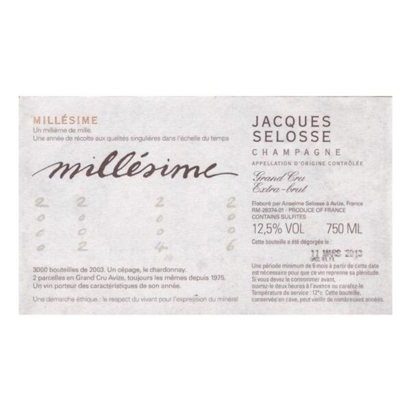 Jacques Selosse, Millesime